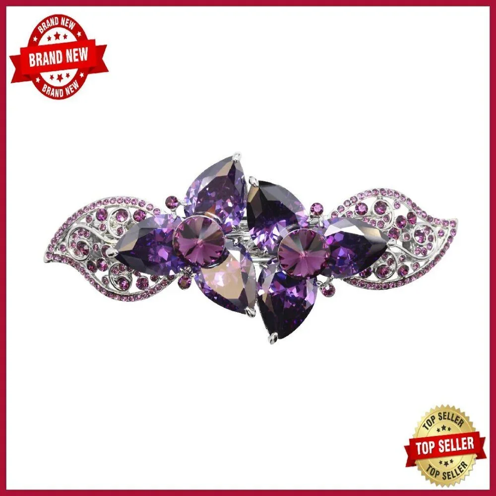 Large Floral Hair Barrette with CZ Crystals for Thick Hair